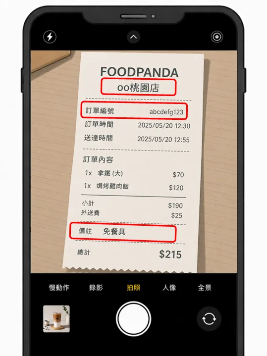 以手機拍攝訂單單據，畫面標示免餐具與訂單編號